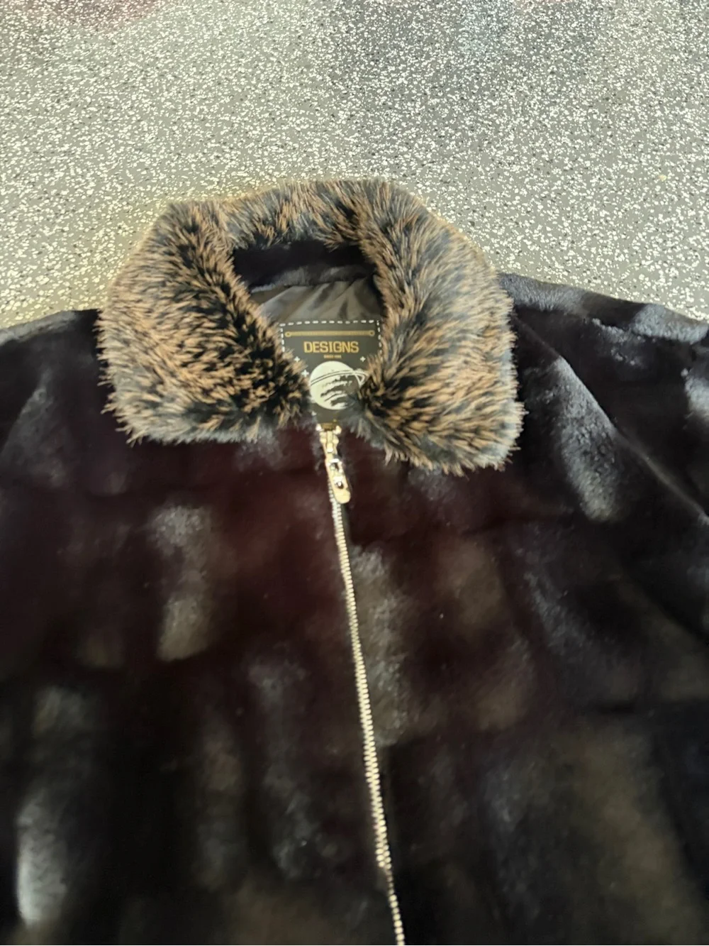 Mens Black Faux Fur Bomber Jacket with Contrast Collar